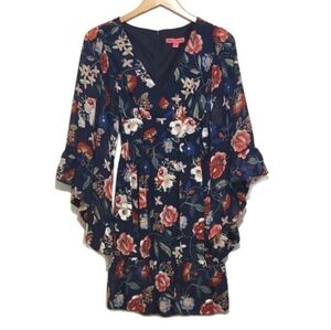 Betsey Johnson Bambi Floral V Neck Bell Sleeve Ruffle Hem Blue Mini